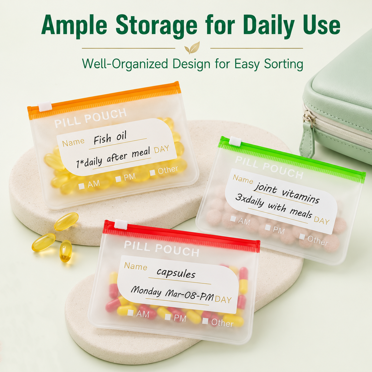 Waterproof Weekly Pill Pouch Organizer Set with 14 Color Coded Medicine Bags