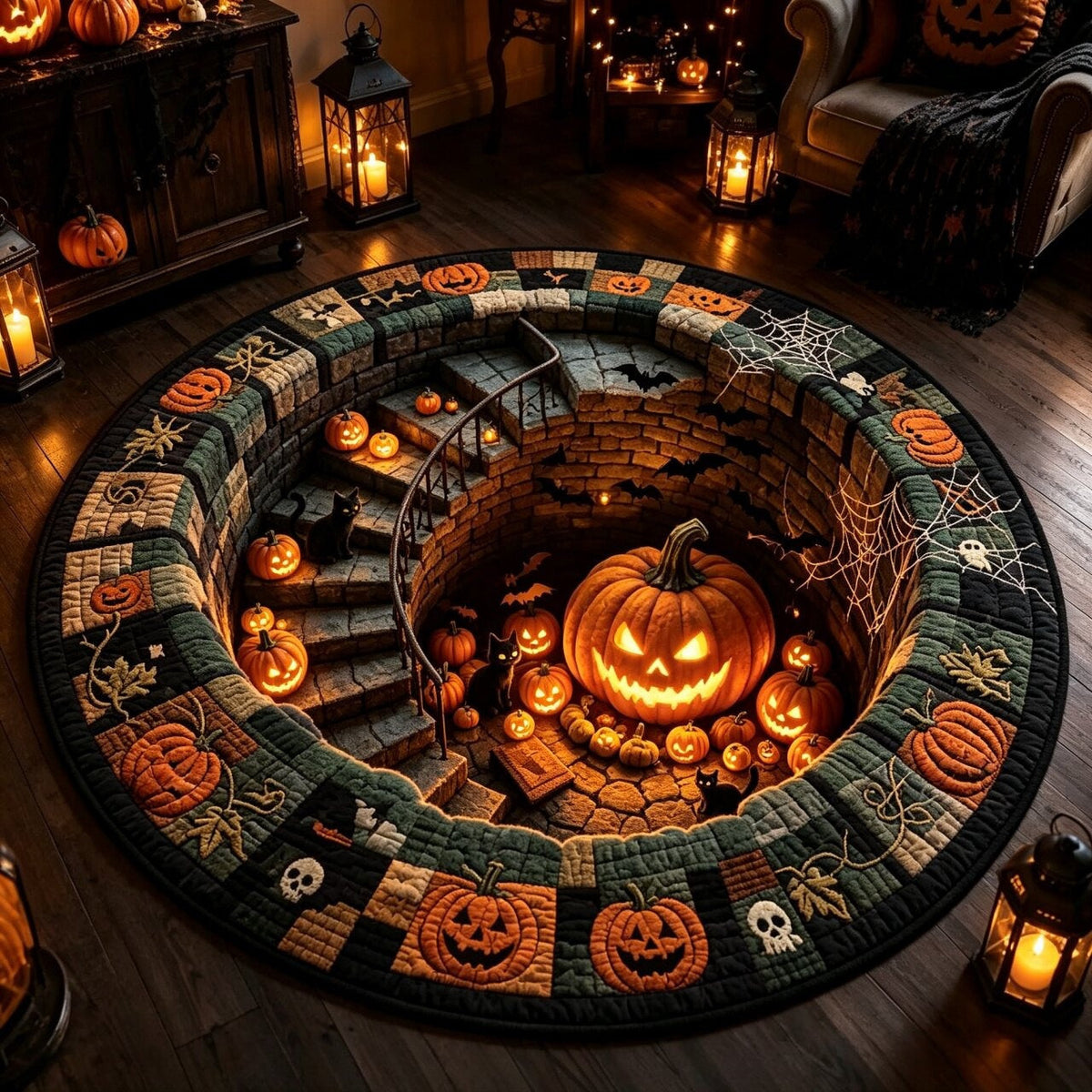 🔥 3D Haunted Stairway Round Halloween Rug