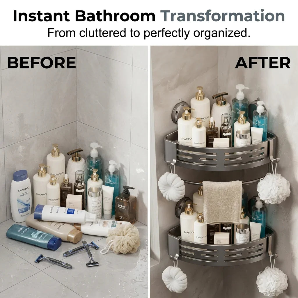 Triangle Suction Cup Shower Caddy ✨No Drill Wall Mount Bathroom Corner Storage Basket