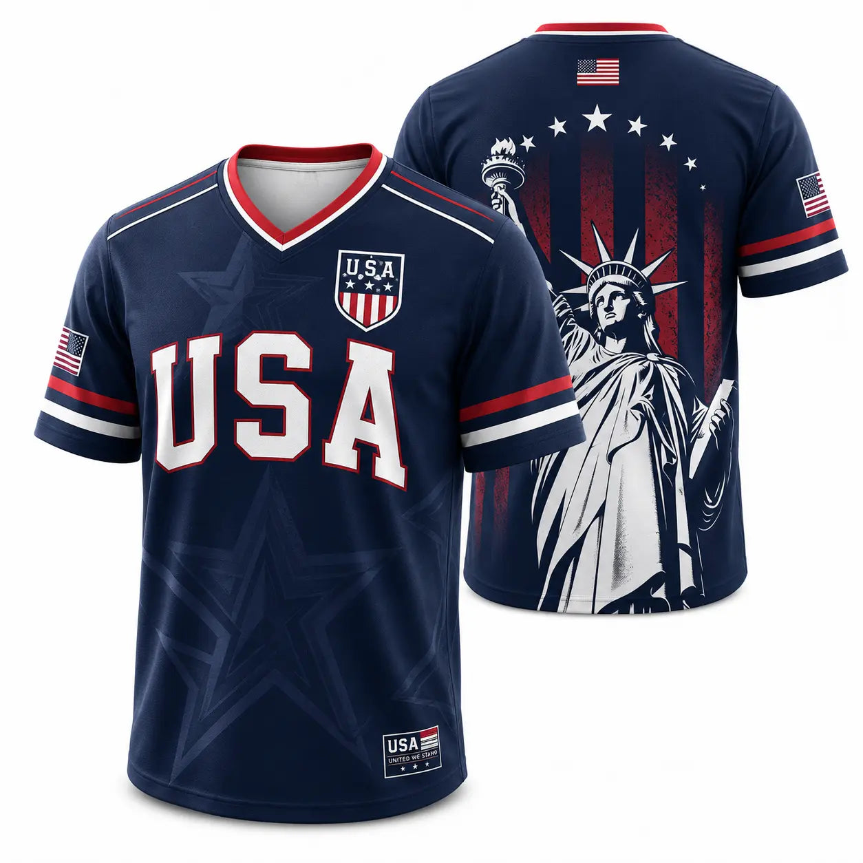 USA Liberty V-Neck Jersey – Patriotic Stars & Stripes Sports Tee Plus Size Friendly