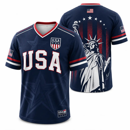 USA Liberty V-Neck Jersey – Patriotic Stars & Stripes Sports Tee Plus Size Friendly