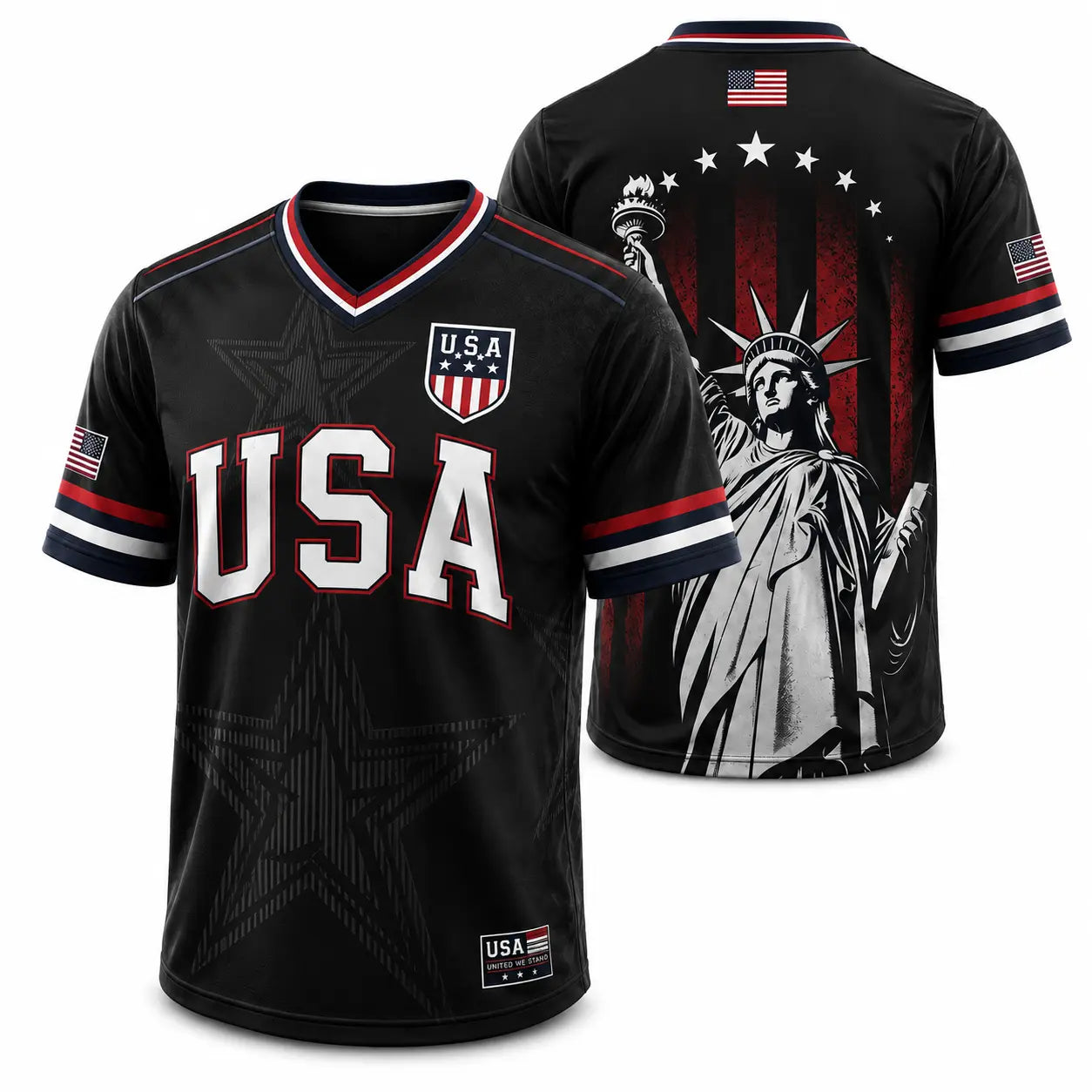 USA Liberty V-Neck Jersey – Patriotic Stars & Stripes Sports Tee Plus Size Friendly