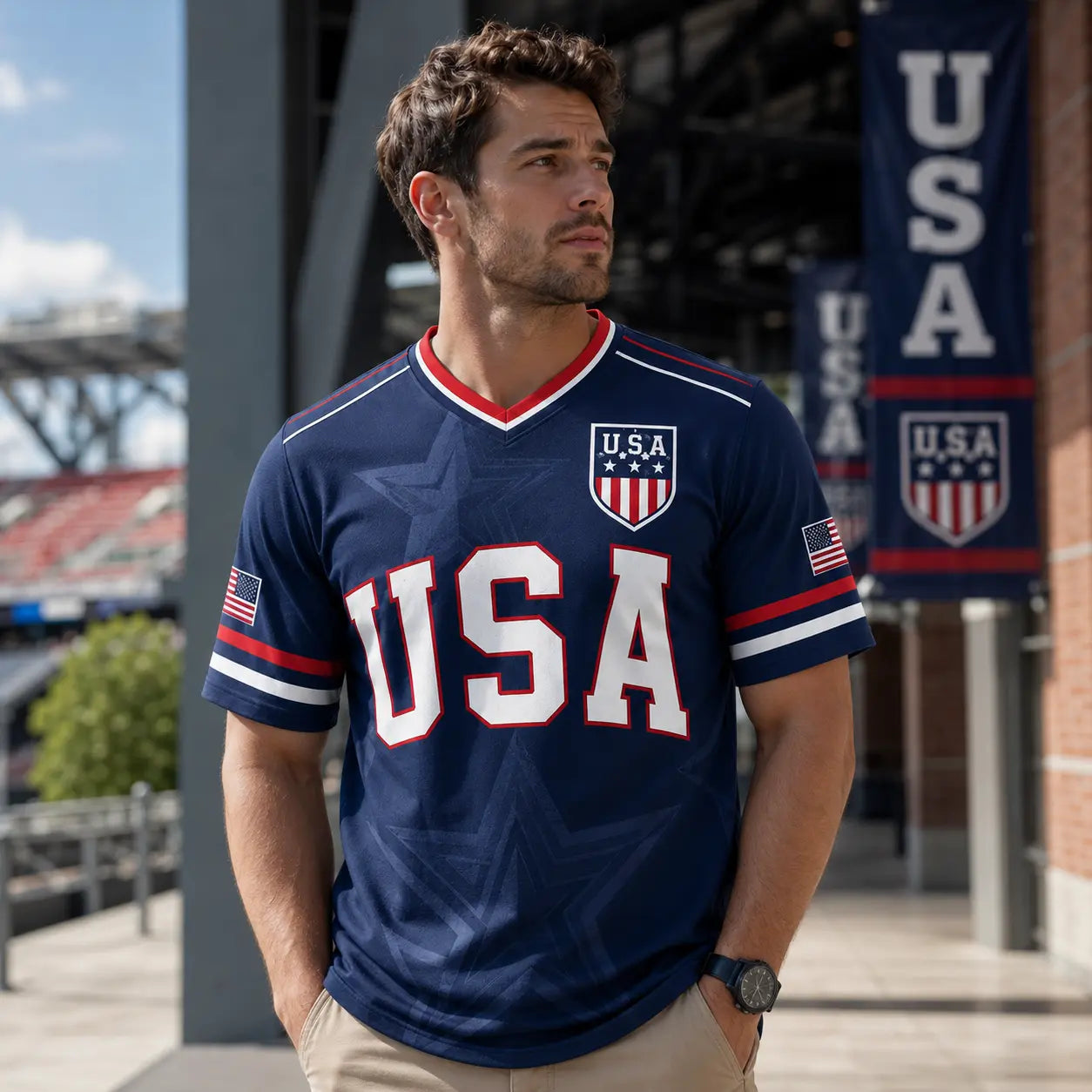 USA Liberty V-Neck Jersey – Patriotic Stars & Stripes Sports Tee Plus Size Friendly