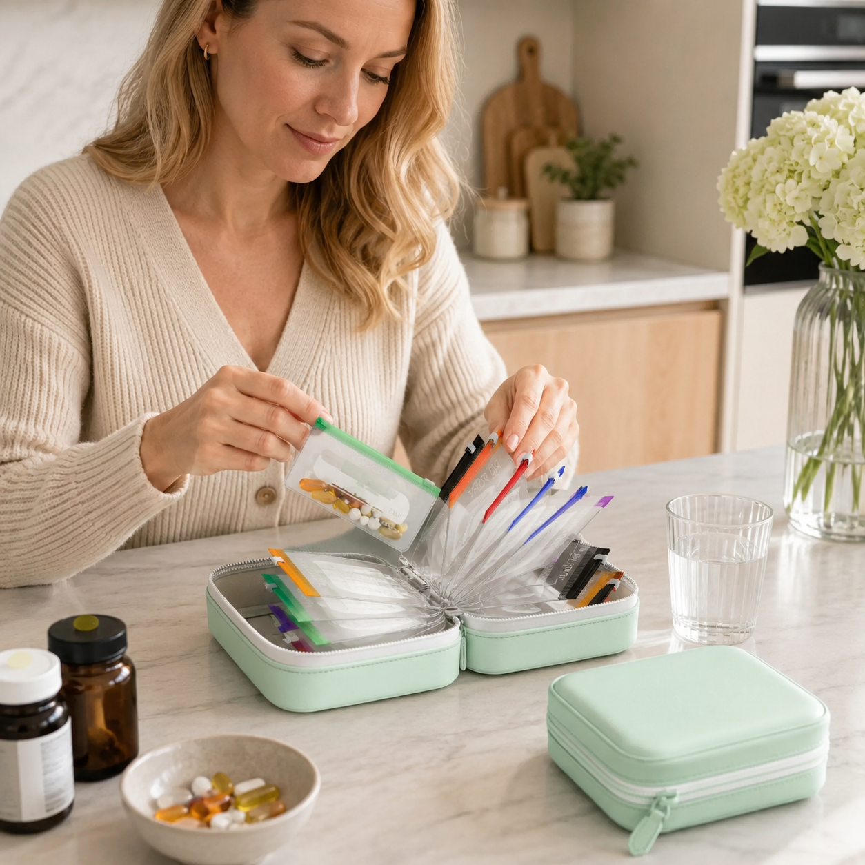Waterproof Weekly Pill Pouch Organizer Set with 14 Color Coded Medicine Bags