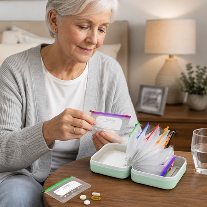 Waterproof Weekly Pill Pouch Organizer Set with 14 Color Coded Medicine Bags