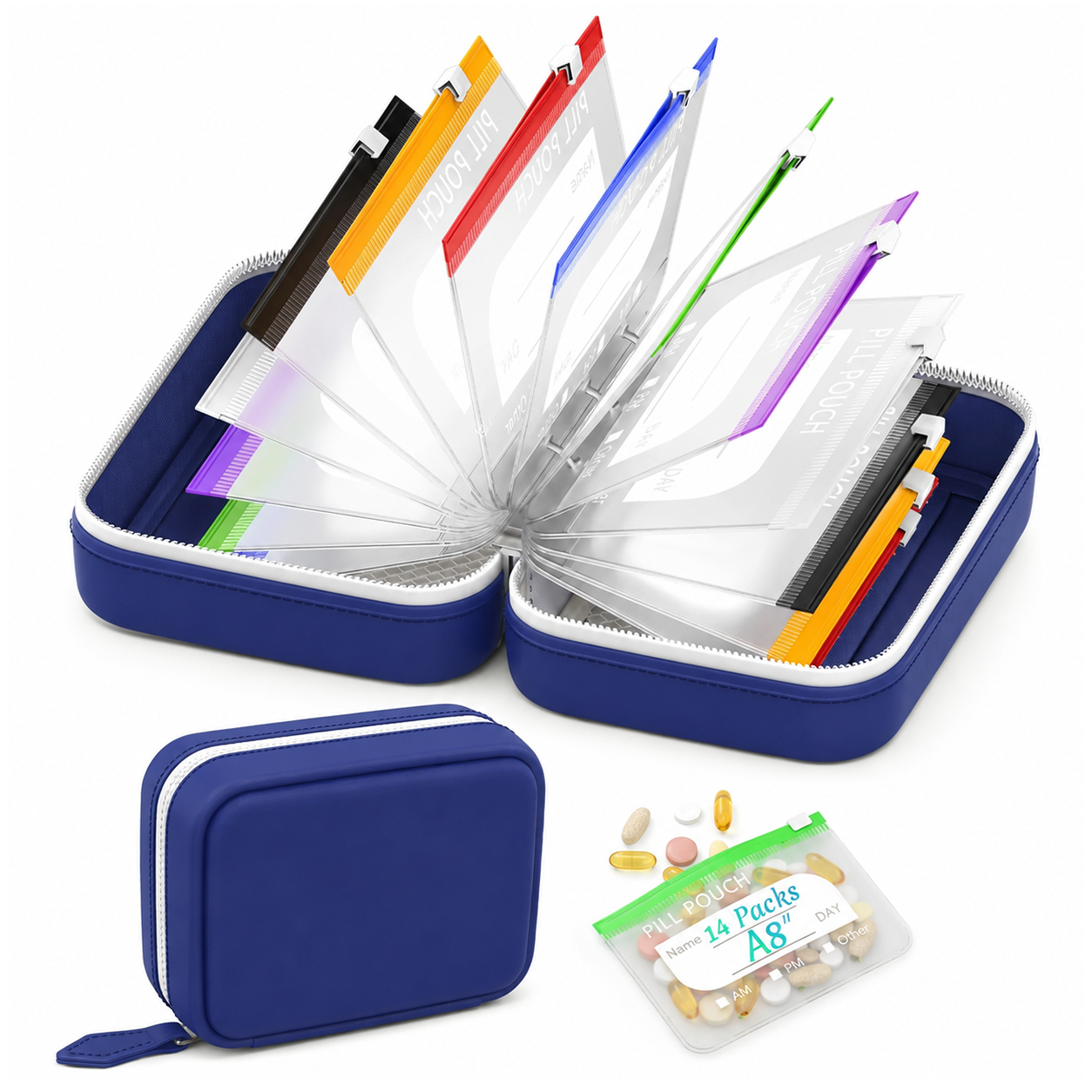 Waterproof Weekly Pill Pouch Organizer Set with 14 Color Coded Medicine Bags