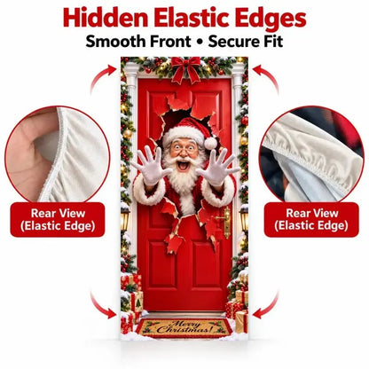 Christmas Door Cover - Stretch Fit Santa & Reindeer Door Decoration with 4-Side Elastic Edges🎅