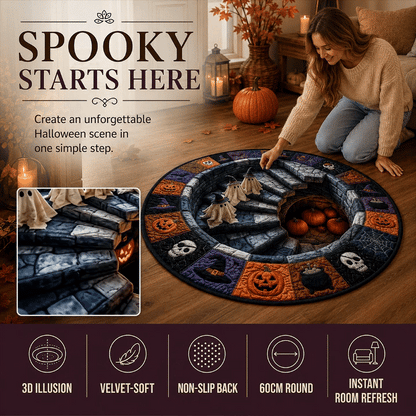 🔥 3D Haunted Stairway Round Halloween Rug