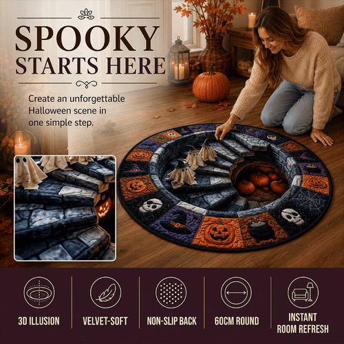 🔥 3D Haunted Stairway Round Halloween Rug