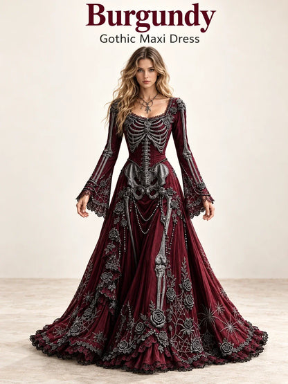 Gothic Skeleton Maxi Dress for Halloween | Bell Sleeve 🕸️