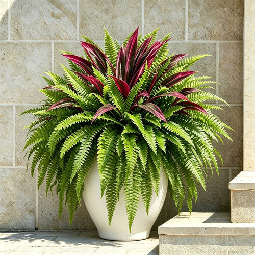 💥Summer Special🔥Designed for Outdoor Decor  Artificial Fern & Red Dracaena Decorative Plants – Full, Lush & Helps Resist Fading!