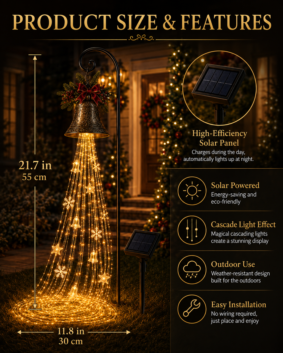 🔥Hot Sale 73% OFF🎄 Christmas Bell Cascade Solar Yard Light✨