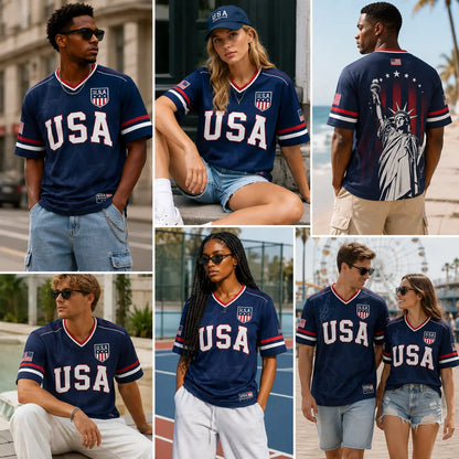 USA Liberty V-Neck Jersey – Patriotic Stars & Stripes Sports Tee Plus Size Friendly
