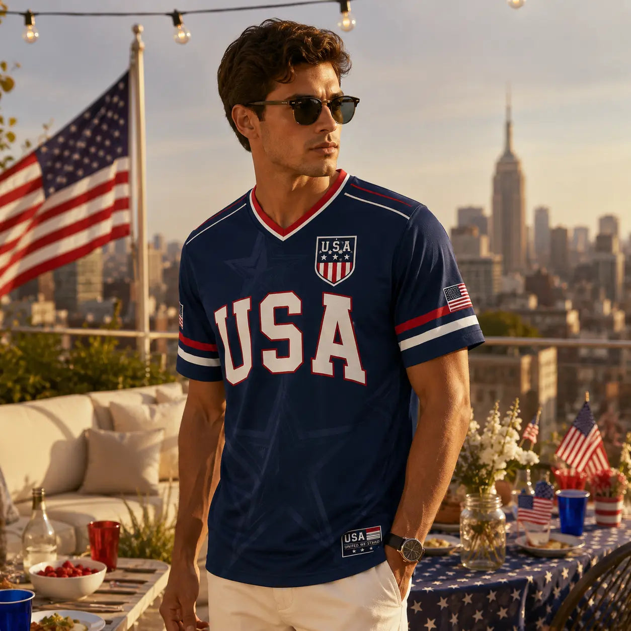 USA Liberty V-Neck Jersey – Patriotic Stars & Stripes Sports Tee Plus Size Friendly