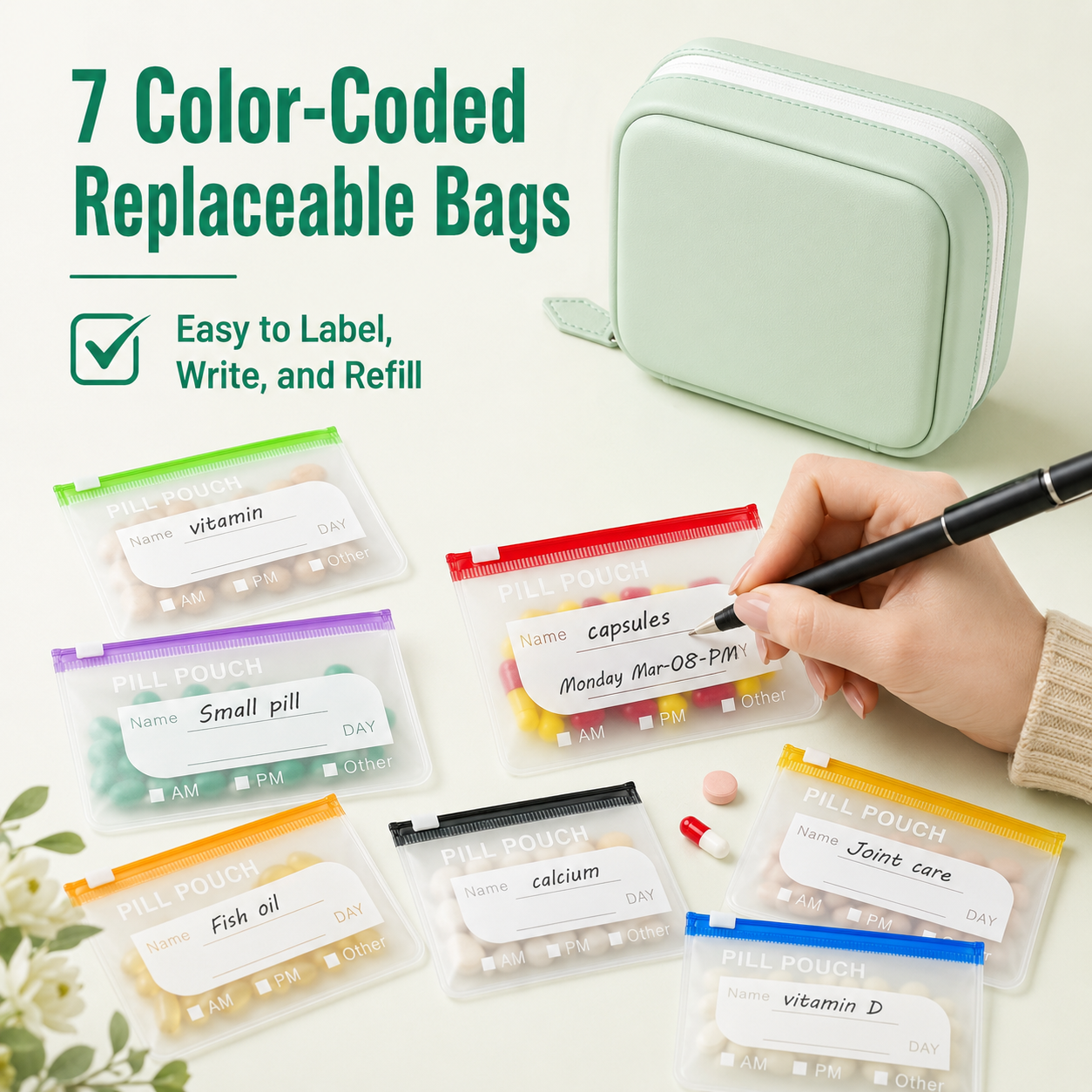 Waterproof Weekly Pill Pouch Organizer Set with 14 Color Coded Medicine Bags
