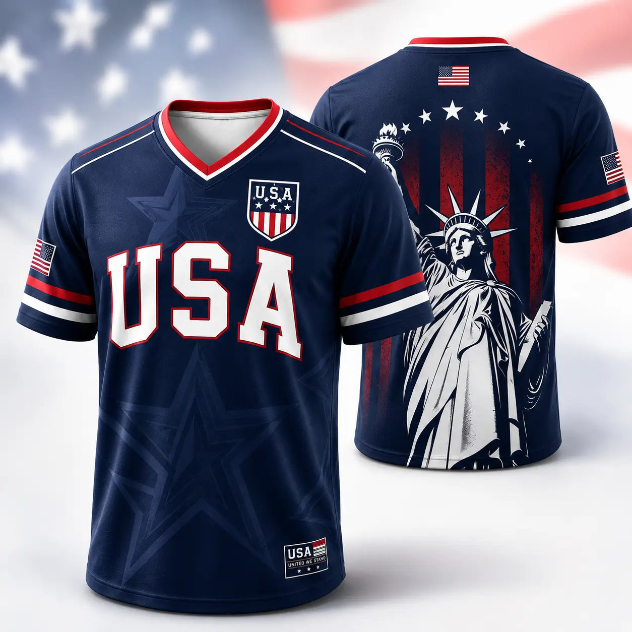 USA Liberty V-Neck Jersey – Patriotic Stars & Stripes Sports Tee Plus Size Friendly