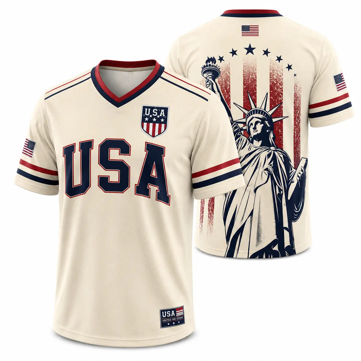 USA Liberty V-Neck Jersey – Patriotic Stars & Stripes Sports Tee Plus Size Friendly