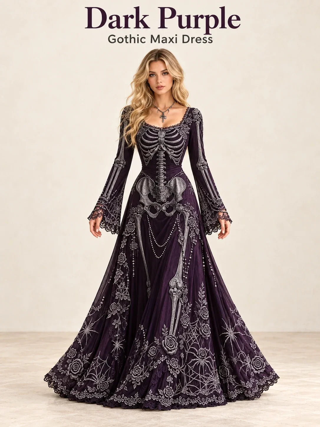 Gothic Skeleton Maxi Dress for Halloween | Bell Sleeve 🕸️