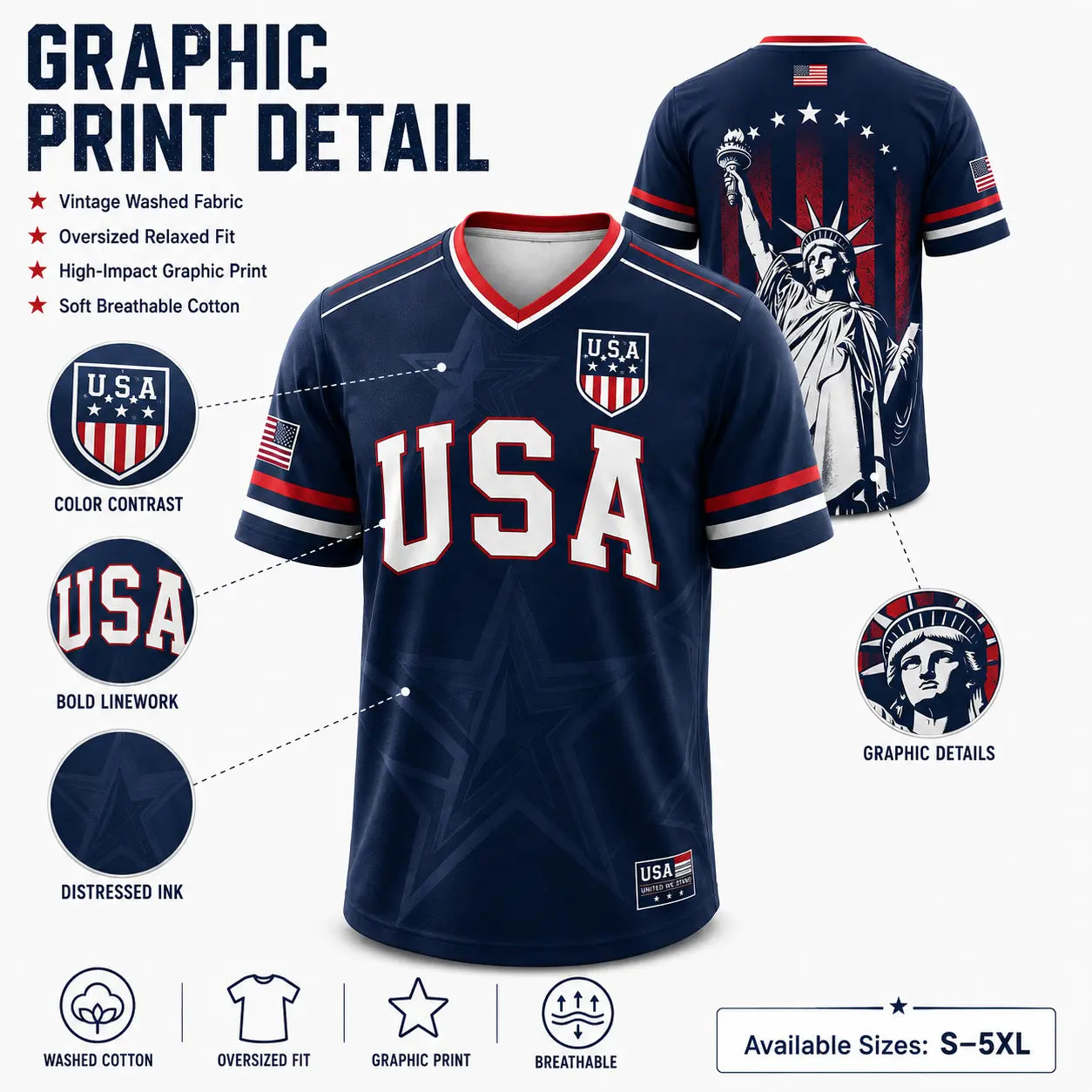 USA Liberty V-Neck Jersey – Patriotic Stars & Stripes Sports Tee Plus Size Friendly