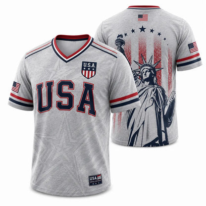 USA Liberty V-Neck Jersey – Patriotic Stars & Stripes Sports Tee Plus Size Friendly