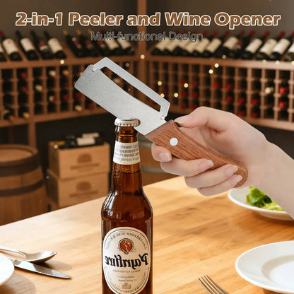 Wooden Handle Stainless Steel Peeler with Bottle Opener Durable Kitchen Tool