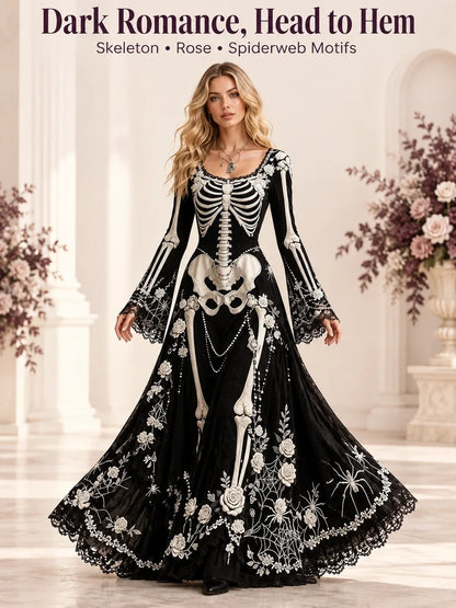 Gothic Skeleton Maxi Dress for Halloween | Bell Sleeve 🕸️