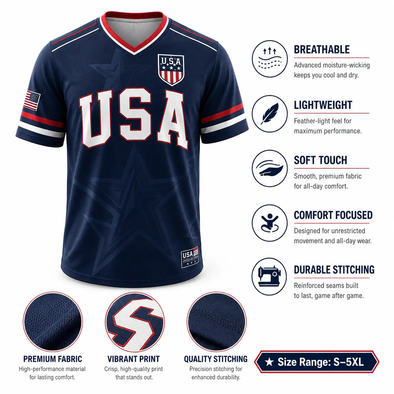 USA Liberty V-Neck Jersey – Patriotic Stars & Stripes Sports Tee Plus Size Friendly