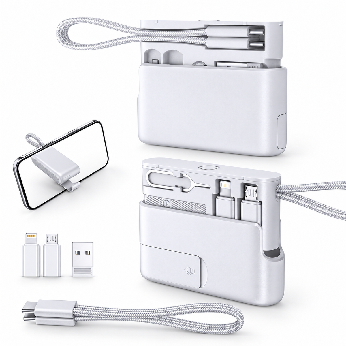 🔌 Pocket Travel Cable Kit – USB-C Cable, 3 Adapters, SIM/TF Storage & Phone Stand