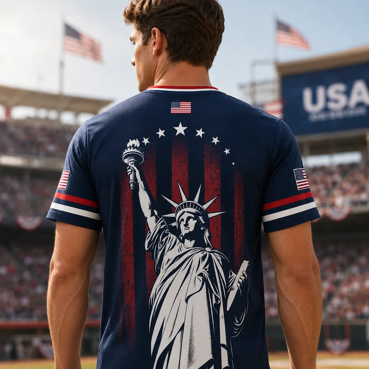 USA Liberty V-Neck Jersey – Patriotic Stars & Stripes Sports Tee Plus Size Friendly