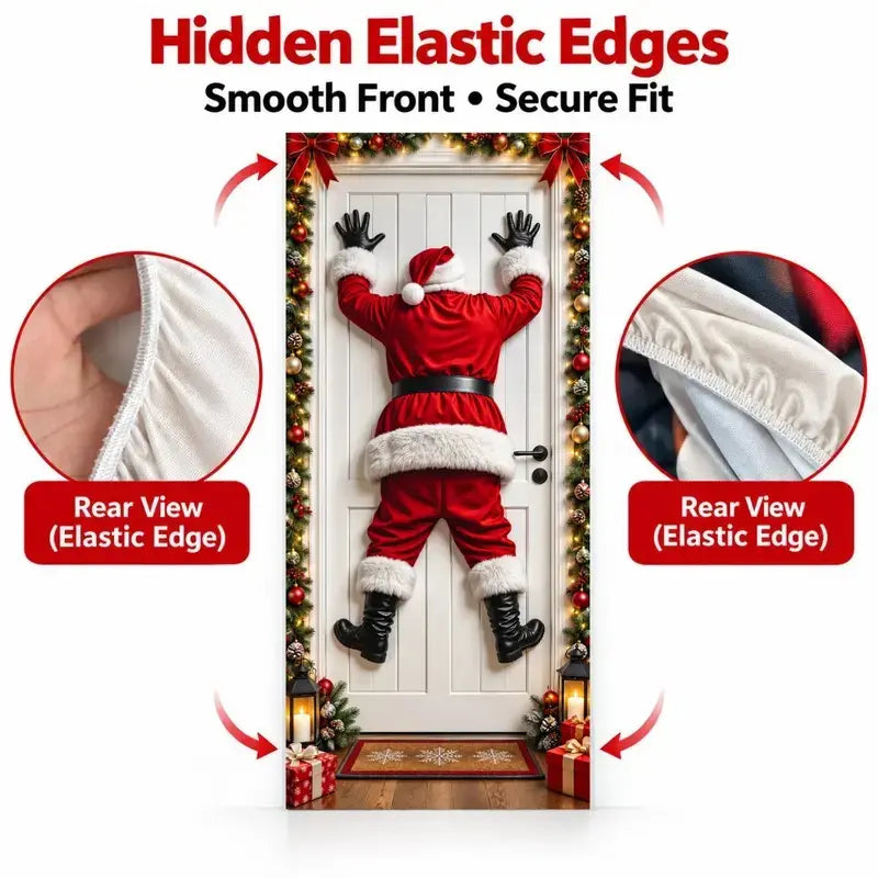 Christmas Door Cover - Stretch Fit Santa & Reindeer Door Decoration with 4-Side Elastic Edges🎅