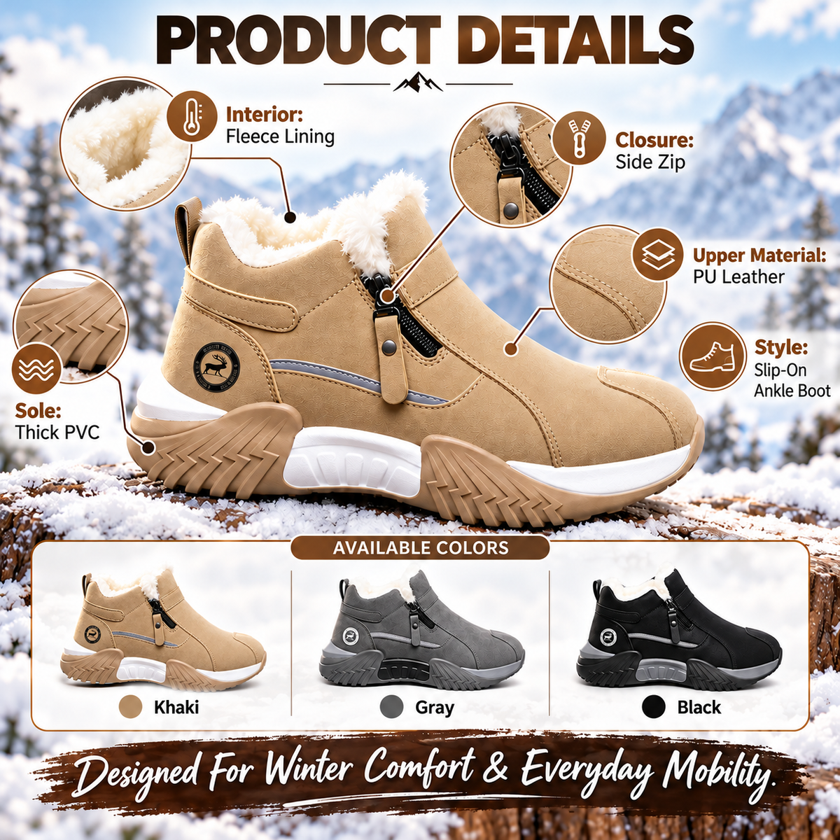 Warm Fleece Winter Snow Boots with Side Zip | Anti-Slip Outdoor Ankle Shoes