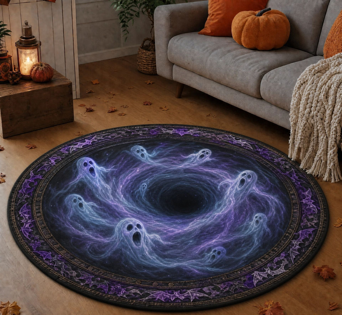 🔥 3D Haunted Stairway Round Halloween Rug