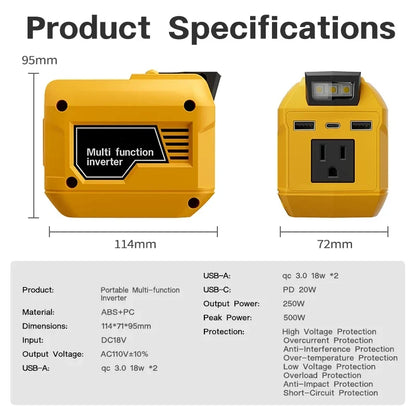 250W Power Inverter for 18V-21V Battery with USB & DC Output