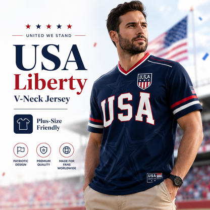 USA Liberty V-Neck Jersey – Patriotic Stars & Stripes Sports Tee Plus Size Friendly
