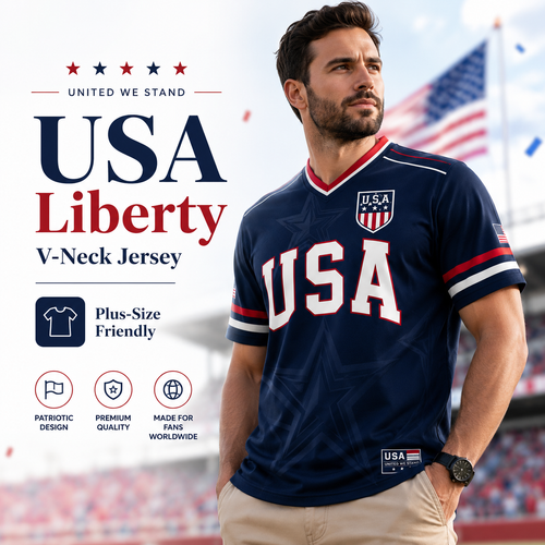USA Liberty V-Neck Jersey – Patriotic Stars & Stripes Sports Tee Plus Size Friendly