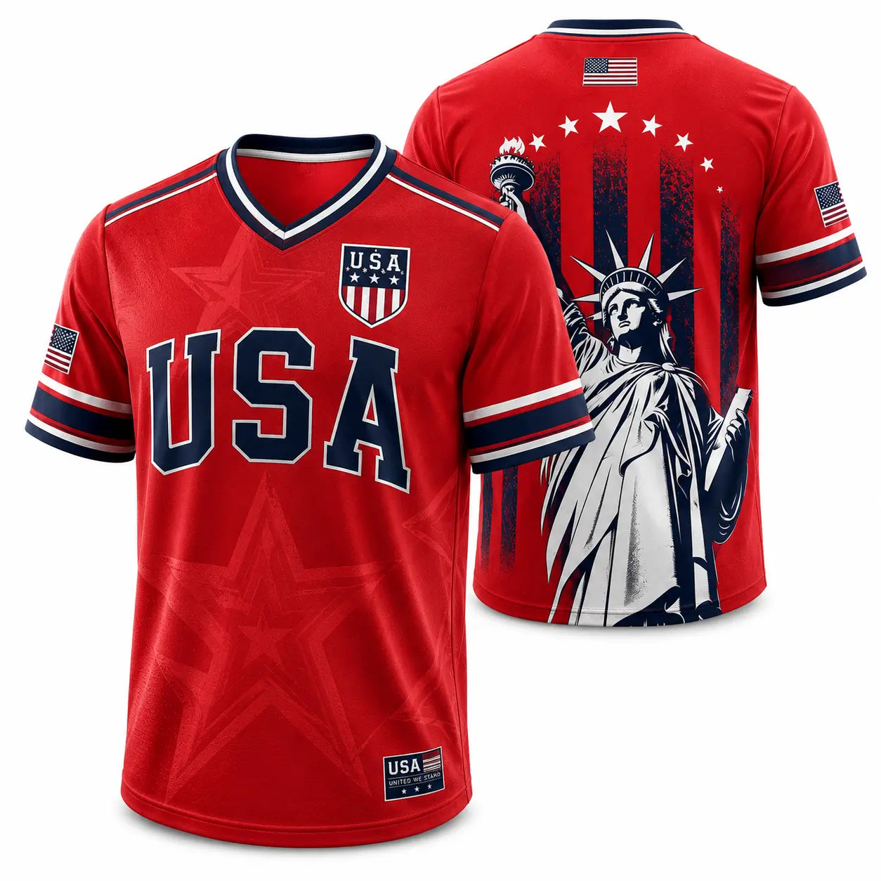 USA Liberty V-Neck Jersey – Patriotic Stars & Stripes Sports Tee Plus Size Friendly