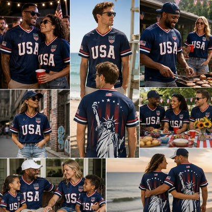 USA Liberty V-Neck Jersey – Patriotic Stars & Stripes Sports Tee Plus Size Friendly