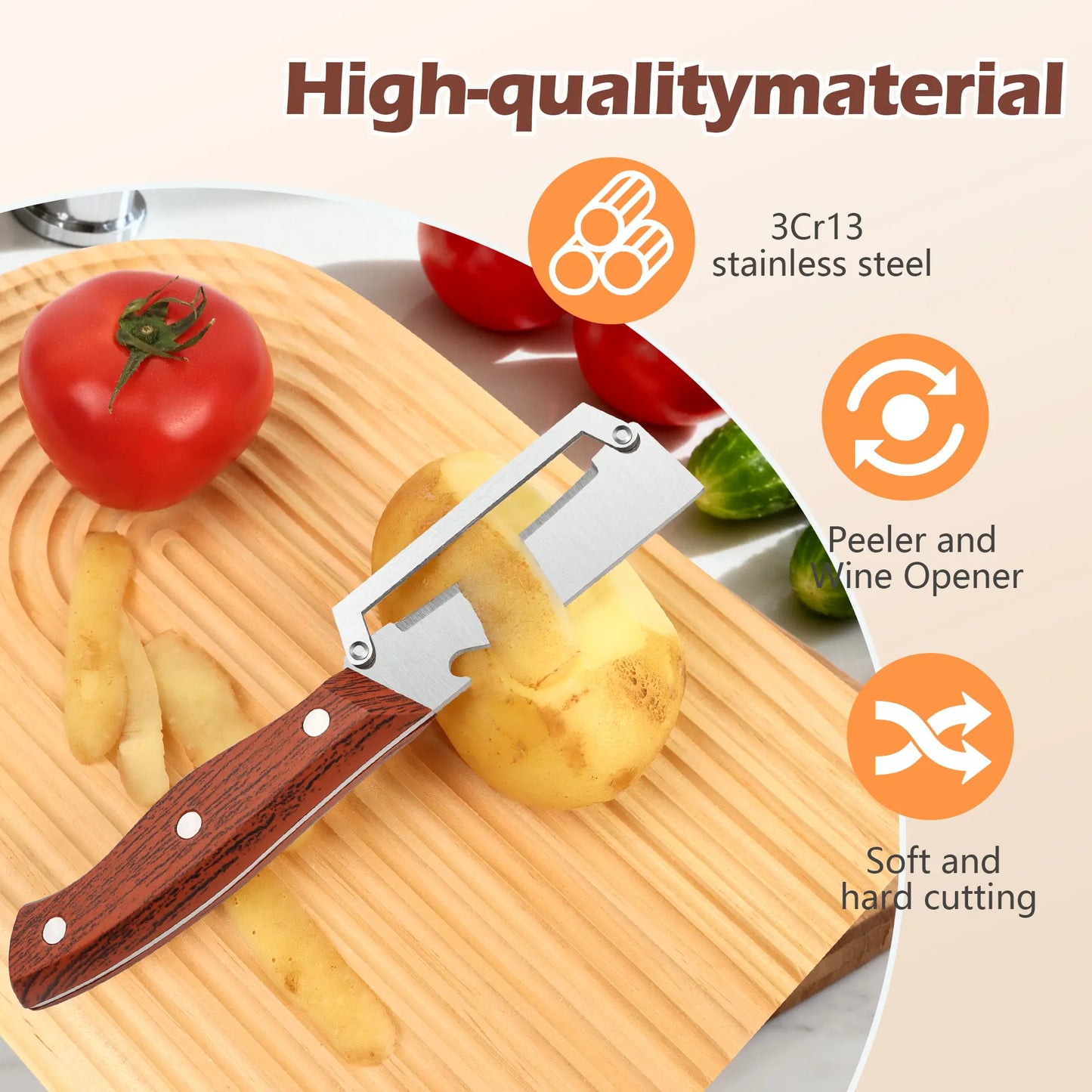 Wooden Handle Stainless Steel Peeler with Bottle Opener Durable Kitchen Tool