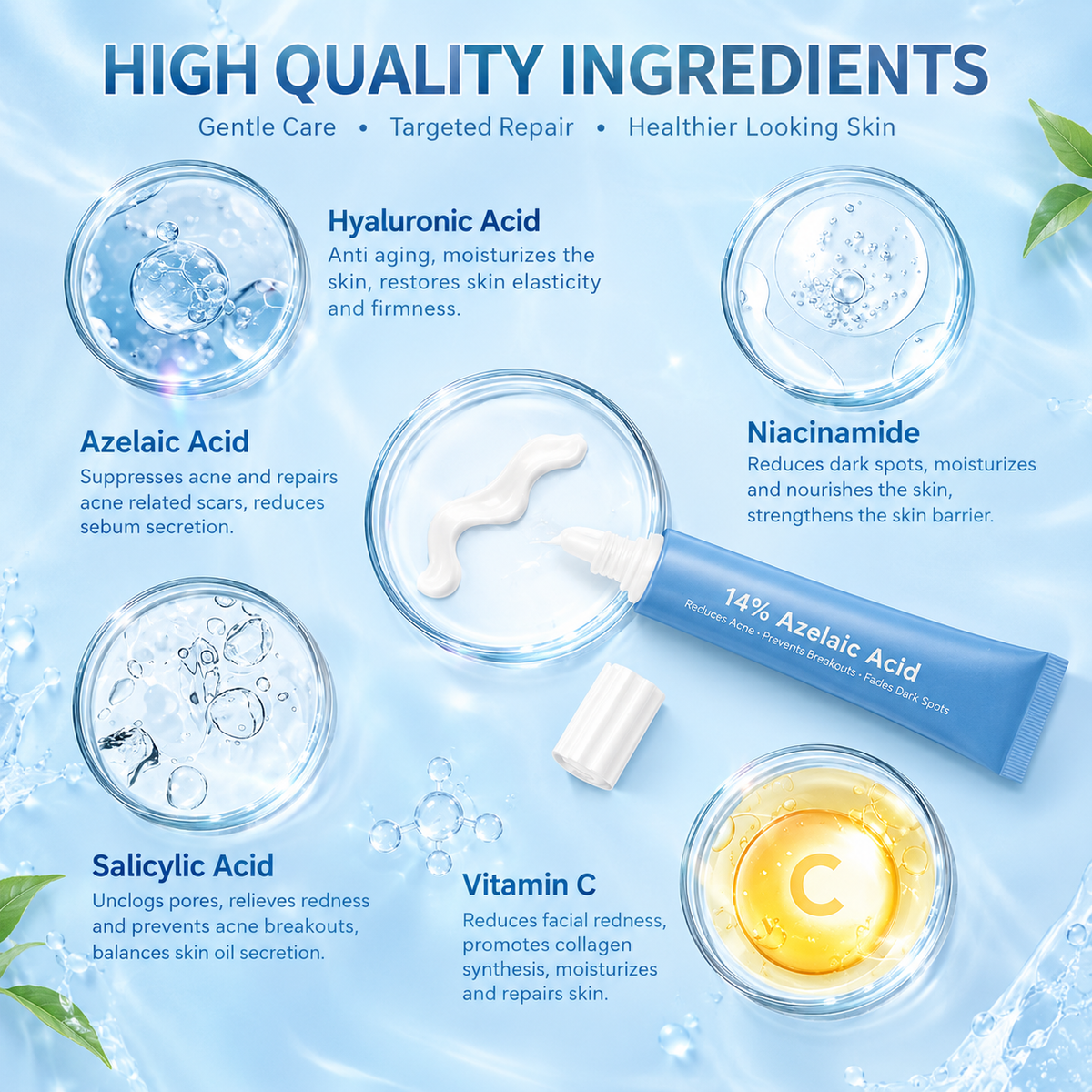 14% Azelaic Acid Cream Niacinamide Vitamin C Calm Acne Redness Hydrating for Acne Prone Skin