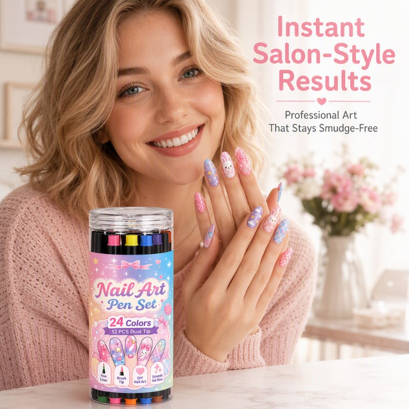 LAST DAY SALE 💕🎁 24 Colors Dual Ended Nail Art Pens Set – Creative, Salon‑Quality, Easy DIY ✨