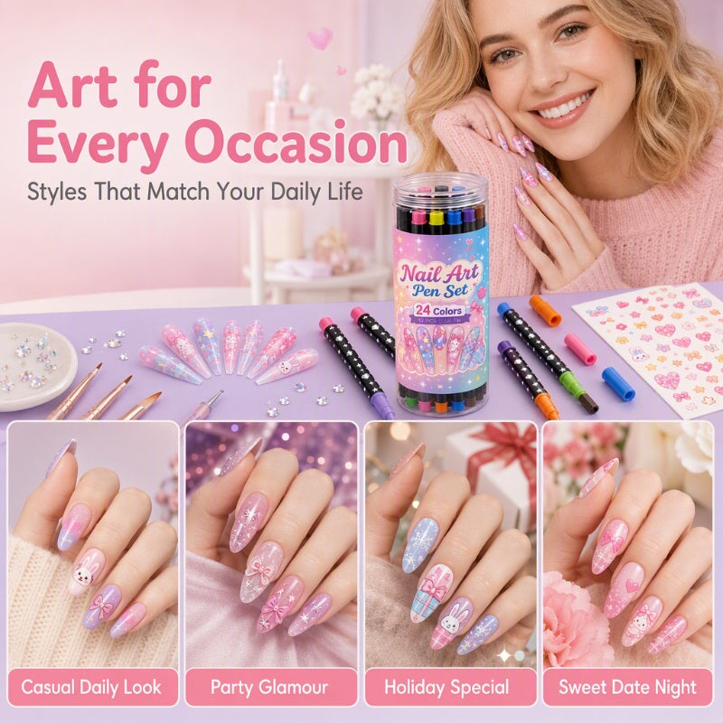 LAST DAY SALE 💕🎁 24 Colors Dual Ended Nail Art Pens Set – Creative, Salon‑Quality, Easy DIY ✨